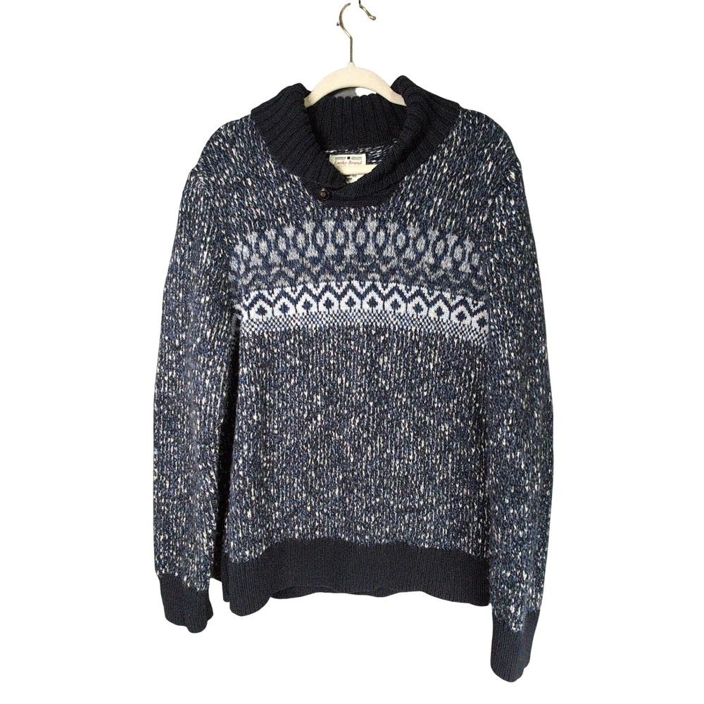 Lucky Brand Sweater Mens‎ L Blue Fair Isle Shawl Collar Cotton Wool Cashmere